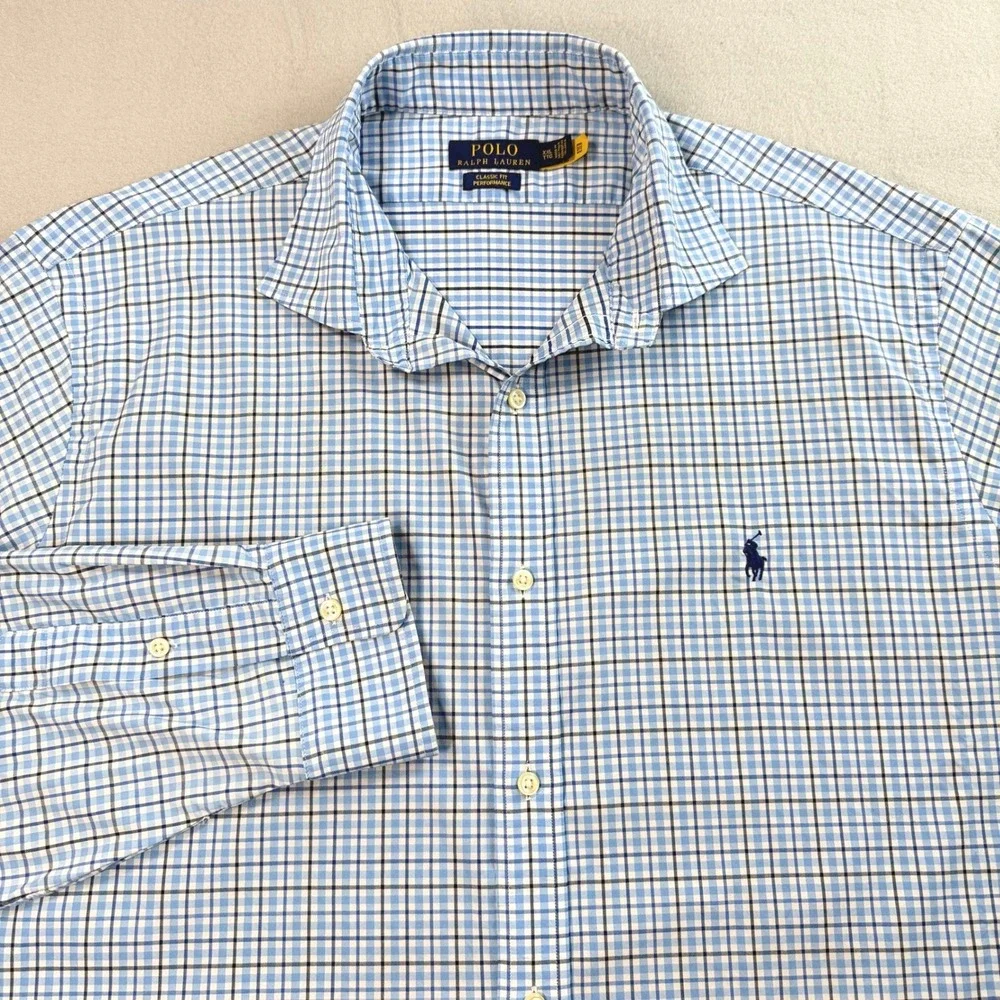 Polo Ralph Lauren Shirt Mens XXL Blue Check Classic Fit Performance